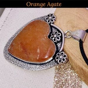 Orange Agate Gemstone Handmade Heart Halo Pendant Necklace
